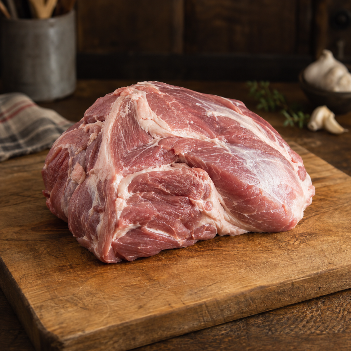 Berkshire pork picnic roast on a rustic wooden cutting board — styled product illustration